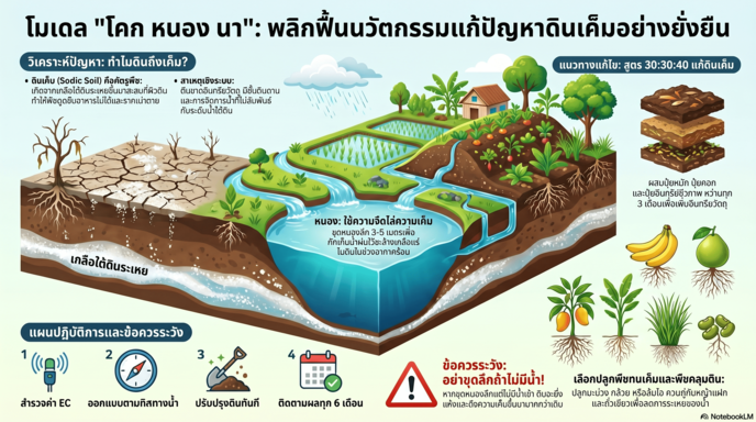 Infographic การใช้ประโยชน์ระบบ CDD AI วิเคราะห์ข้อมูลและนำไปใช้ประโยชน์เพื่อการพัฒนาชุมชน "แนวทางแก้ไขปัญหาพื้นที่ดินเค็ม แปลงโคก หนอง นา อำเภอโคกโพธิ์ไชย จังหวัดขอนแก่น"